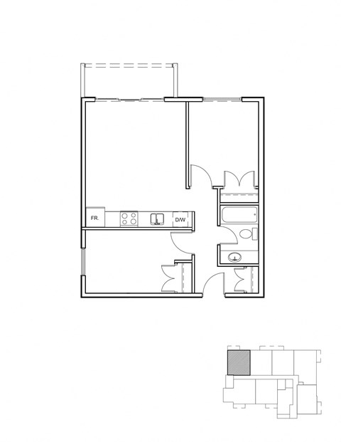 Floor plan for 2 beds, 1 bath, 631 sqft